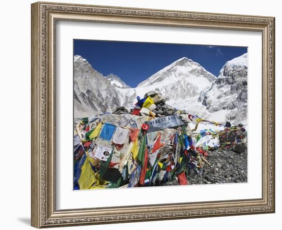 Prayer Flags at the Everest Base Camp Sign, Sagarmatha National Park, Himalayas-Christian Kober-Framed Photographic Print