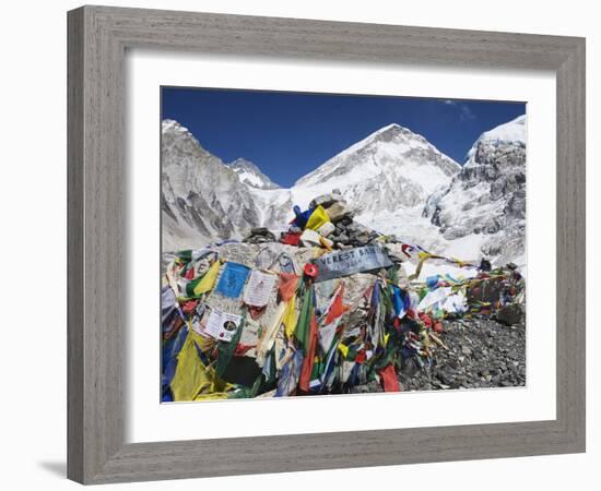 Prayer Flags at the Everest Base Camp Sign, Sagarmatha National Park, Himalayas-Christian Kober-Framed Photographic Print