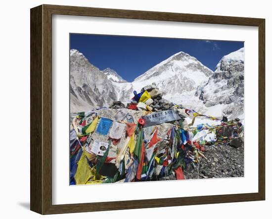 Prayer Flags at the Everest Base Camp Sign, Sagarmatha National Park, Himalayas-Christian Kober-Framed Photographic Print