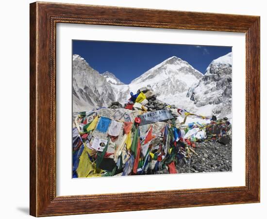 Prayer Flags at the Everest Base Camp Sign, Sagarmatha National Park, Himalayas-Christian Kober-Framed Photographic Print