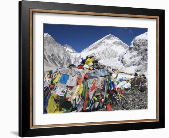 Prayer Flags at the Everest Base Camp Sign, Sagarmatha National Park, Himalayas-Christian Kober-Framed Photographic Print