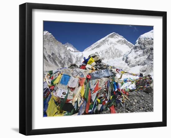 Prayer Flags at the Everest Base Camp Sign, Sagarmatha National Park, Himalayas-Christian Kober-Framed Photographic Print
