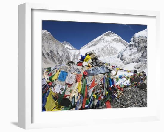 Prayer Flags at the Everest Base Camp Sign, Sagarmatha National Park, Himalayas-Christian Kober-Framed Photographic Print