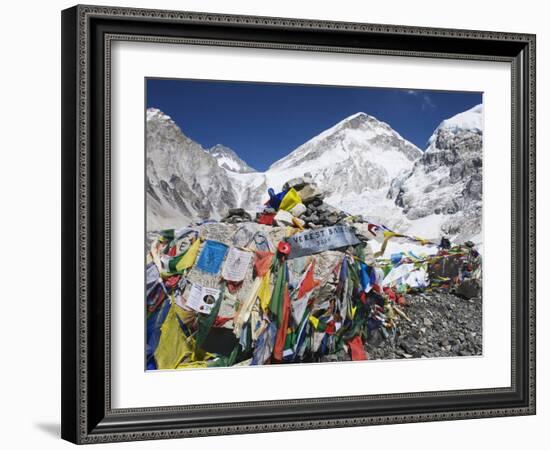 Prayer Flags at the Everest Base Camp Sign, Sagarmatha National Park, Himalayas-Christian Kober-Framed Photographic Print