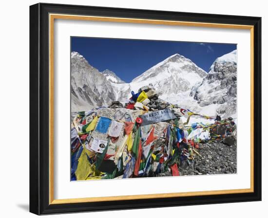 Prayer Flags at the Everest Base Camp Sign, Sagarmatha National Park, Himalayas-Christian Kober-Framed Photographic Print