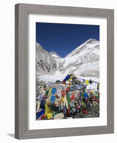 Prayer Flags at the Everest Base Camp Sign, Sagarmatha National Park, Himalayas-Christian Kober-Framed Photographic Print