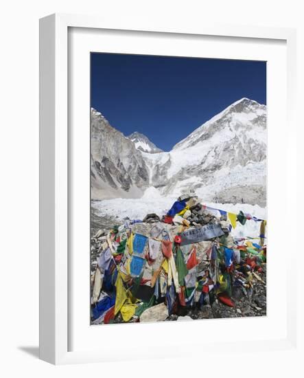 Prayer Flags at the Everest Base Camp Sign, Sagarmatha National Park, Himalayas-Christian Kober-Framed Photographic Print