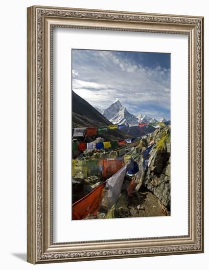 Prayer Flags, Everest Base Camp Trail, Peak of Ama Dablam, Nepal-David Noyes-Framed Photographic Print