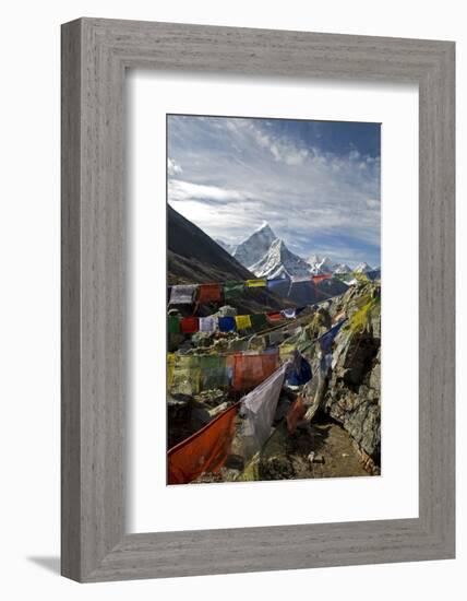 Prayer Flags, Everest Base Camp Trail, Peak of Ama Dablam, Nepal-David Noyes-Framed Photographic Print