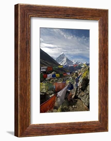 Prayer Flags, Everest Base Camp Trail, Peak of Ama Dablam, Nepal-David Noyes-Framed Photographic Print