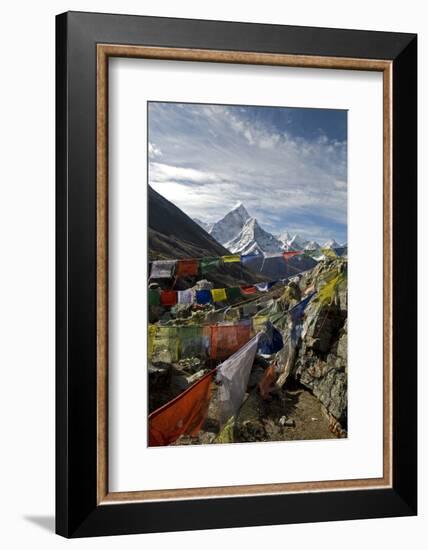 Prayer Flags, Everest Base Camp Trail, Peak of Ama Dablam, Nepal-David Noyes-Framed Photographic Print