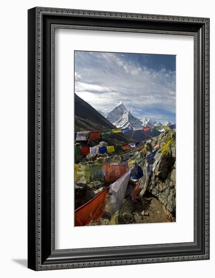 Prayer Flags, Everest Base Camp Trail, Peak of Ama Dablam, Nepal-David Noyes-Framed Photographic Print