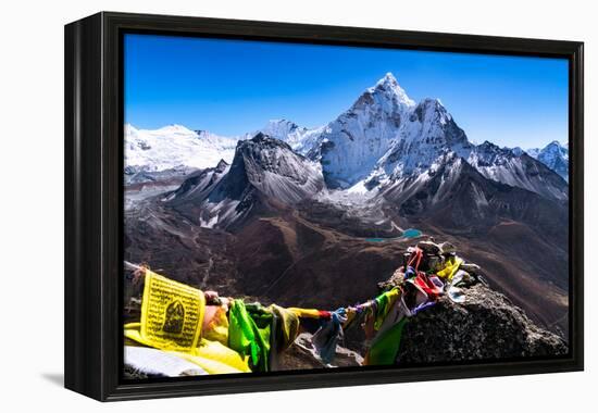 Prayer flags in Himalayas, Nepal with Ama Dablam mountain from high elevation with snow and lake-David Chang-Framed Premier Image Canvas