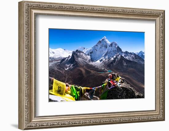 Prayer flags in Himalayas, Nepal with Ama Dablam mountain from high elevation with snow and lake-David Chang-Framed Photographic Print