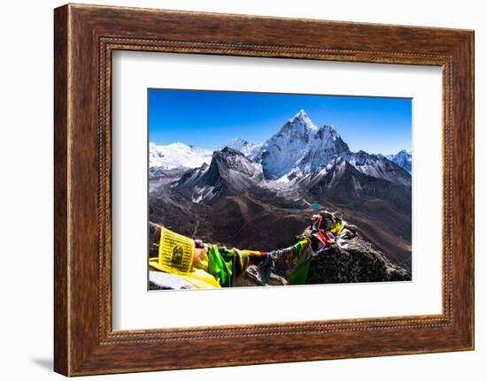 Prayer flags in Himalayas, Nepal with Ama Dablam mountain from high elevation with snow and lake-David Chang-Framed Photographic Print