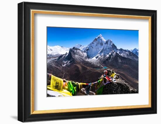 Prayer flags in Himalayas, Nepal with Ama Dablam mountain from high elevation with snow and lake-David Chang-Framed Photographic Print