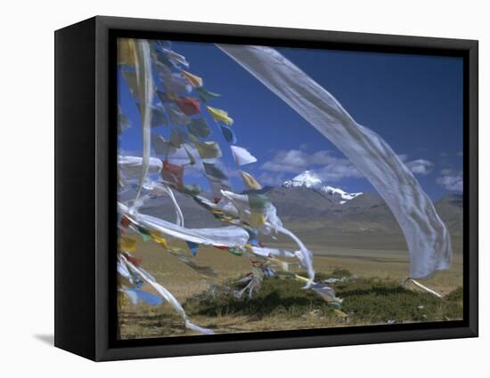 Prayer Flags on Top of Low Pass on Barga Plain, with Mount Kailas (Kailash) Beyond, Tibet, China-Anthony Waltham-Framed Premier Image Canvas