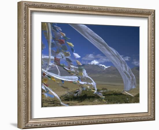 Prayer Flags on Top of Low Pass on Barga Plain, with Mount Kailas (Kailash) Beyond, Tibet, China-Anthony Waltham-Framed Photographic Print