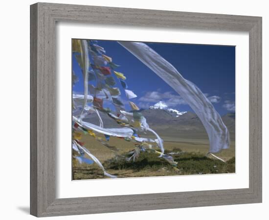 Prayer Flags on Top of Low Pass on Barga Plain, with Mount Kailas (Kailash) Beyond, Tibet, China-Anthony Waltham-Framed Photographic Print