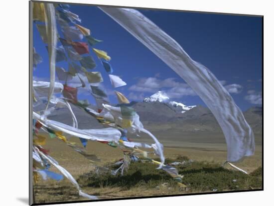Prayer Flags on Top of Low Pass on Barga Plain, with Mount Kailas (Kailash) Beyond, Tibet, China-Anthony Waltham-Mounted Photographic Print