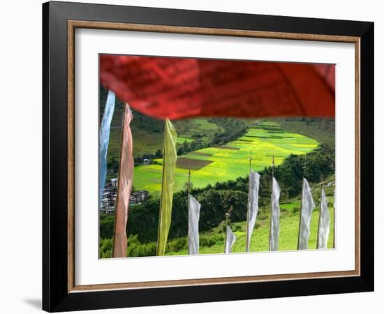 Praying Flags with Village and Farmlands at Pepe La Pass, Phobjikha Valley, Gangtey, Bhutan-Keren Su-Framed Photographic Print