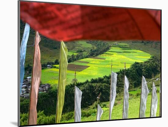Praying Flags with Village and Farmlands at Pepe La Pass, Phobjikha Valley, Gangtey, Bhutan-Keren Su-Mounted Photographic Print