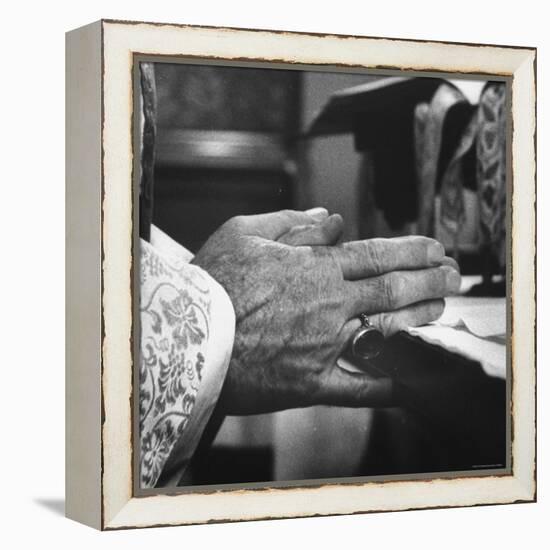 Praying Hands of Monk Churchman Resting on Table During Mass at St. Benedict's Abbey-Gordon Parks-Framed Premier Image Canvas