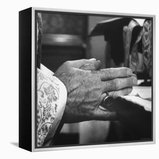 Praying Hands of Monk Churchman Resting on Table During Mass at St. Benedict's Abbey-Gordon Parks-Framed Premier Image Canvas
