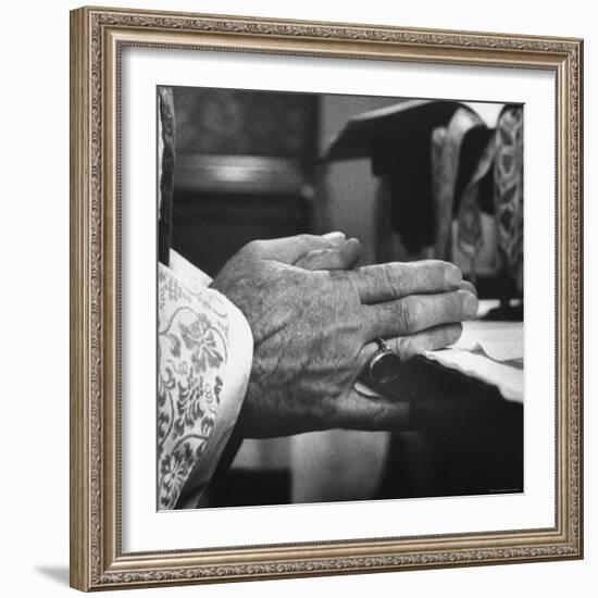 Praying Hands of Monk Churchman Resting on Table During Mass at St. Benedict's Abbey-Gordon Parks-Framed Premium Photographic Print