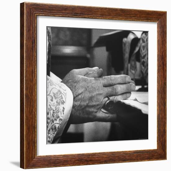 Praying Hands of Monk Churchman Resting on Table During Mass at St. Benedict's Abbey-Gordon Parks-Framed Premium Photographic Print