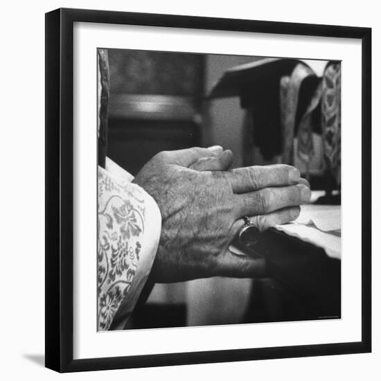 Praying Hands of Monk Churchman Resting on Table During Mass at St. Benedict's Abbey-Gordon Parks-Framed Premium Photographic Print