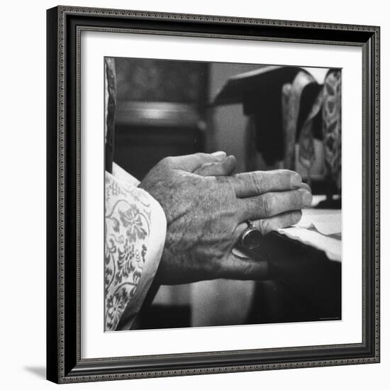 Praying Hands of Monk Churchman Resting on Table During Mass at St. Benedict's Abbey-Gordon Parks-Framed Premium Photographic Print