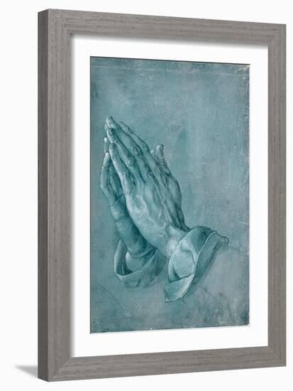 Praying Hands (study). Point of brush and black ink, heightened with white, on blue prepared paper.-Albrecht Dürer-Framed Giclee Print