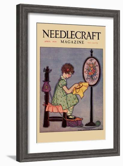 Pre-Teen Cross-Stitches a Fabric-null-Framed Art Print