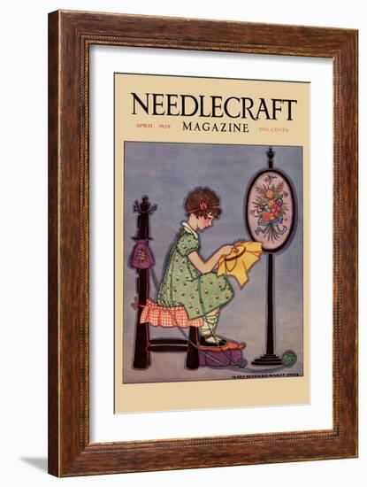 Pre-Teen Cross-Stitches a Fabric-null-Framed Art Print