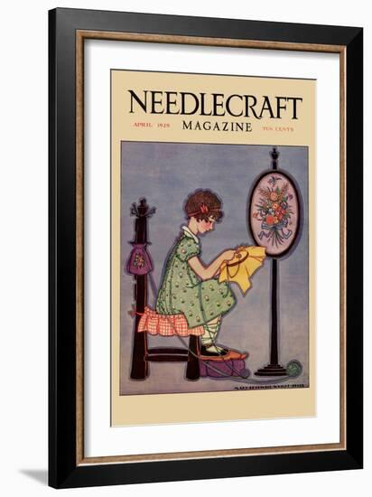 Pre-Teen Cross-Stitches a Fabric-null-Framed Art Print