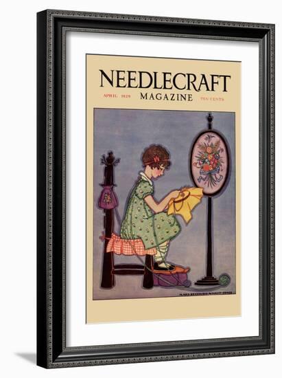 Pre-Teen Cross-Stitches a Fabric-null-Framed Art Print