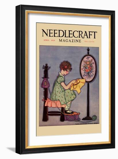 Pre-Teen Cross-Stitches a Fabric-null-Framed Art Print