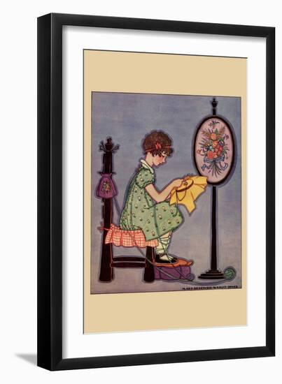 Pre-Teen Cross-Stitches a Fabric-null-Framed Art Print