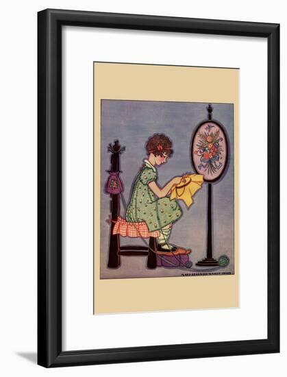 Pre-Teen Cross-Stitches a Fabric-null-Framed Art Print