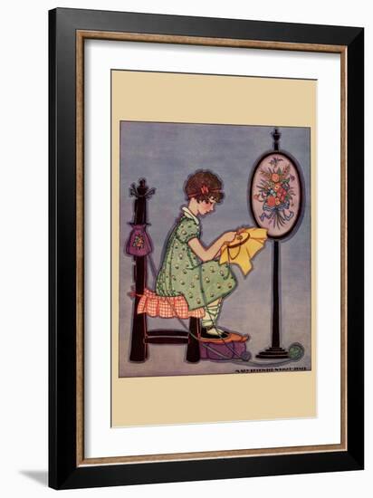 Pre-Teen Cross-Stitches a Fabric-null-Framed Art Print