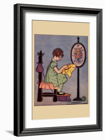 Pre-Teen Cross-Stitches a Fabric-null-Framed Art Print