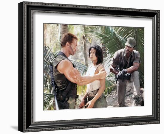 PREDATOR, 1987 directed by JOHN McTIERNAN Arnold Scharzenegger, Elpidia Carrillo and Carl Weathers -null-Framed Photo