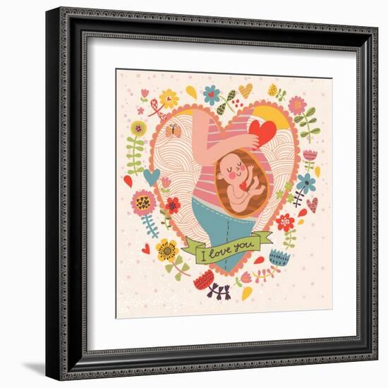 Pregnancy Concept Card in Cartoon Style. Baby and Mother in Love inside Hearts and Flowers-smilewithjul-Framed Art Print