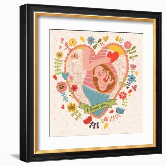 Pregnancy Concept Card in Cartoon Style. Baby and Mother in Love inside Hearts and Flowers-smilewithjul-Framed Art Print