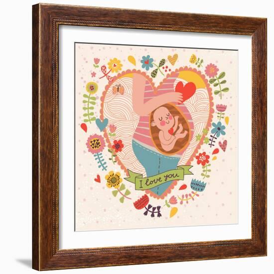 Pregnancy Concept Card in Cartoon Style. Baby and Mother in Love inside Hearts and Flowers-smilewithjul-Framed Art Print