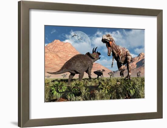 Prehistoric Battle Between a Triceratops and Tyrannosaurus Rex-null-Framed Art Print