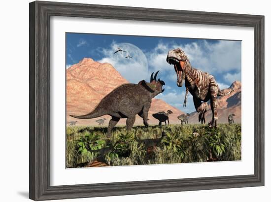 Prehistoric Battle Between a Triceratops and Tyrannosaurus Rex-null-Framed Art Print