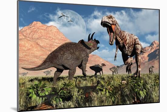 Prehistoric Battle Between a Triceratops and Tyrannosaurus Rex-null-Mounted Art Print