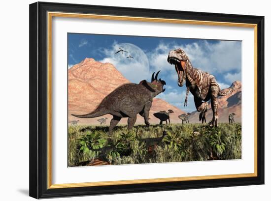 Prehistoric Battle Between a Triceratops and Tyrannosaurus Rex-null-Framed Art Print